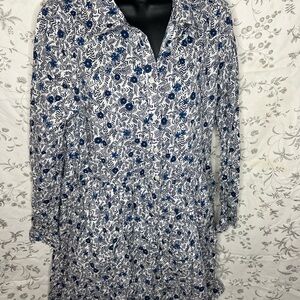 J. Crew White Blue Floral Printed Long Sleeve Cotton Mini Shirtdress Size 14